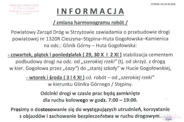 Utrudnienia na drodze powiatowej Cieszyna–Stępina–Huta Gogołowska. Zmiana harmonogramu robót
