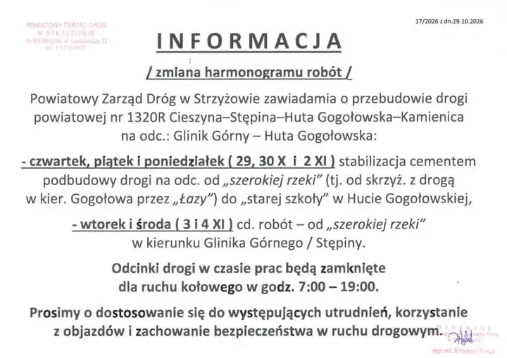 Utrudnienia na drodze powiatowej Cieszyna–Stępina–Huta Gogołowska. Zmiana harmonogramu robót